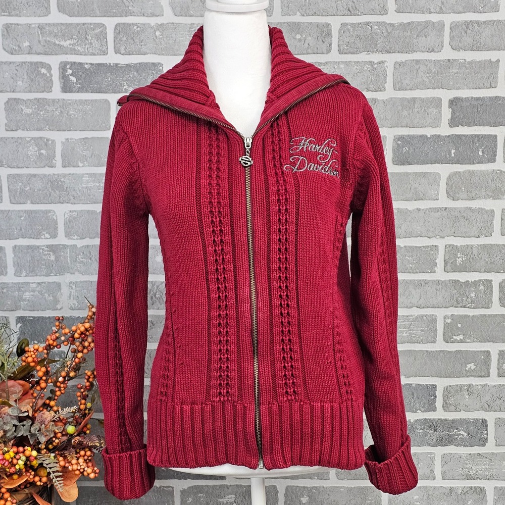 Harley‎ Davidson Women's Knit Sweater Red Zip Up Embroidered Bling Medium